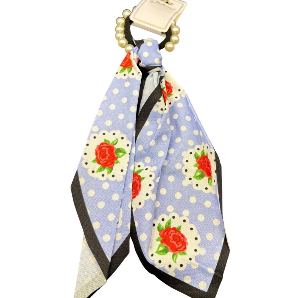 Blue Floral Polka Dot Scarf Hair Tie with Faux Pearl Bead Elastic Band New